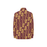 Hand drawn gold saxophone red background Women's Long Sleeve Polo Shirt