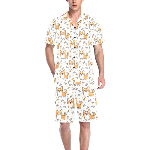 Cute corgi heart star bone pattern Men's V-Neck Short Pajama Set