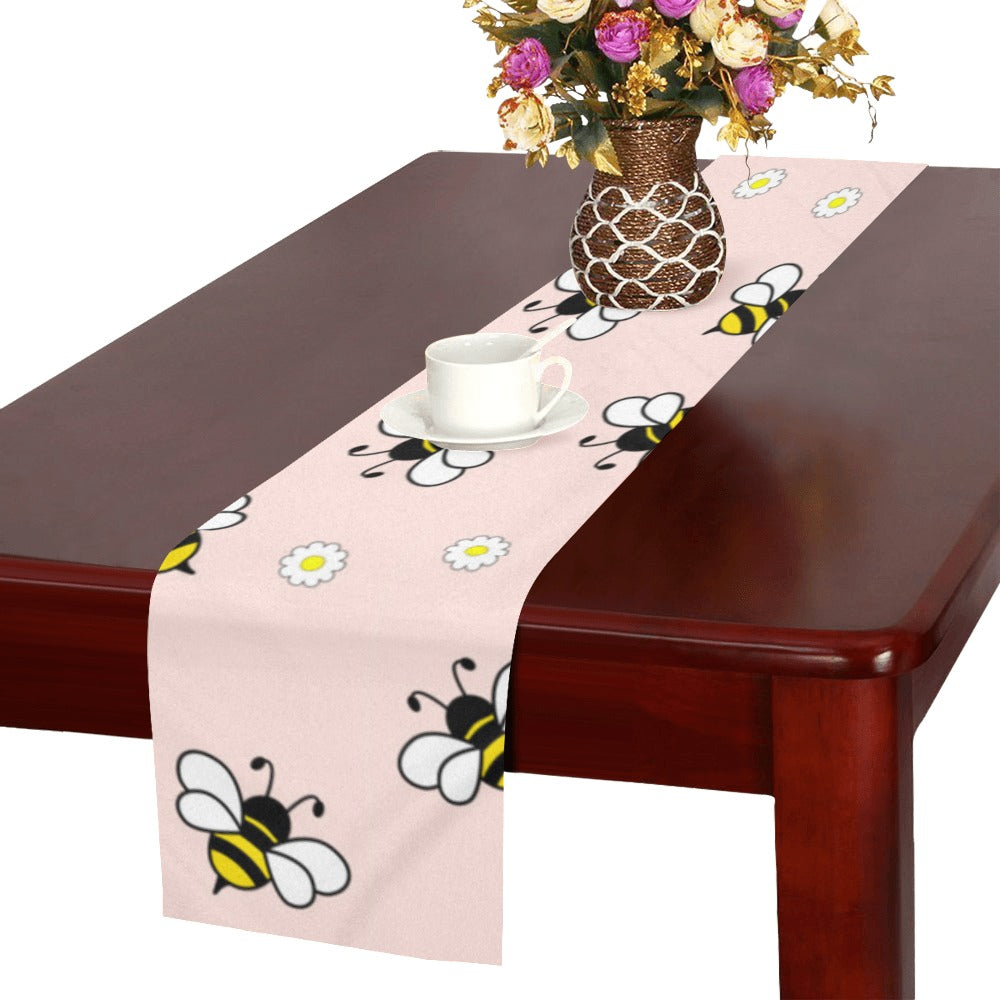 Cute bee flower pattern pink background Table Runner