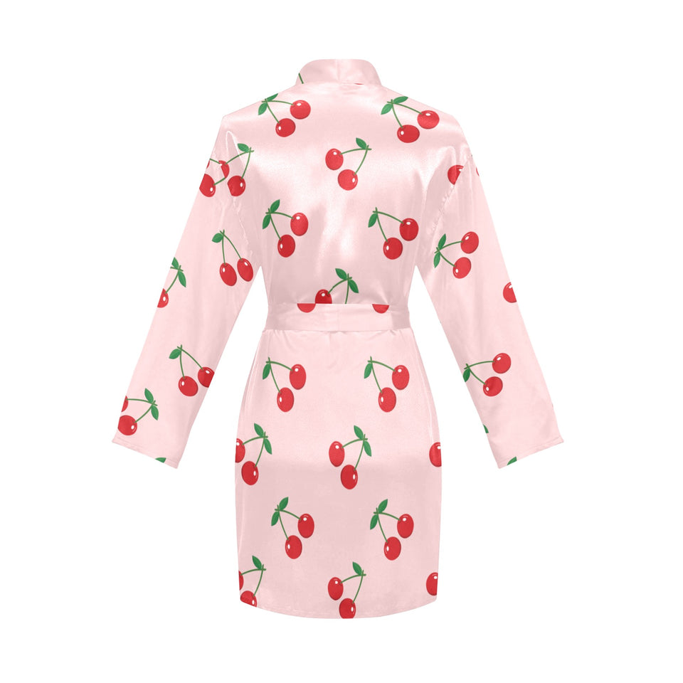 cherry pattern pink background Women's Long Sleeve Belted Night Robe