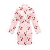 cherry pattern pink background Women's Long Sleeve Belted Night Robe