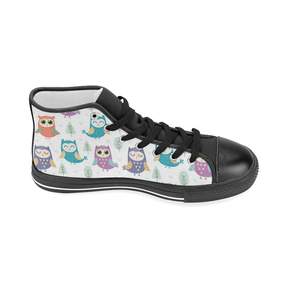 Cute owl pattern Women's High Top Canvas Shoes Black
