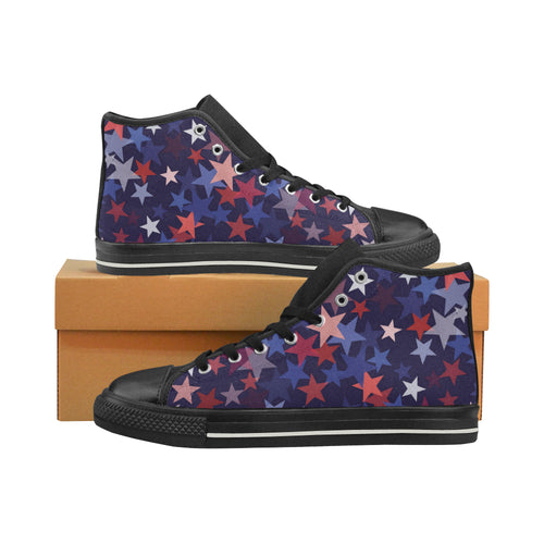 Red blue star pattern Women's High Top Canvas Shoes Black