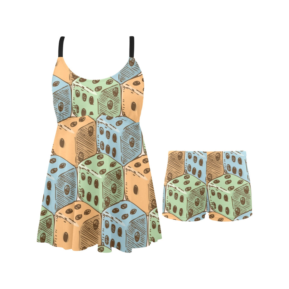 Dice Pattern Print Design 05 Chest Sexy Pleated Two Piece Swim Dress