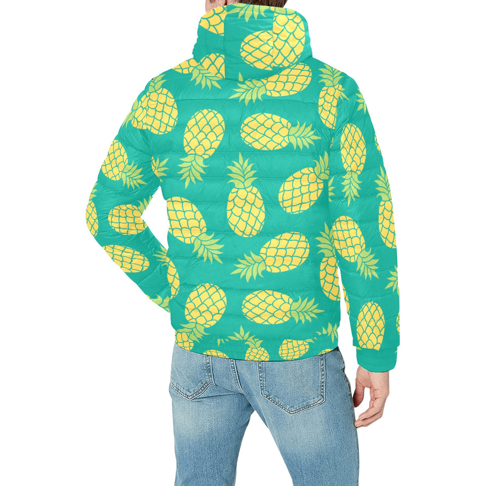 Pineapples pattern green background Men's Padded Hooded Jacket