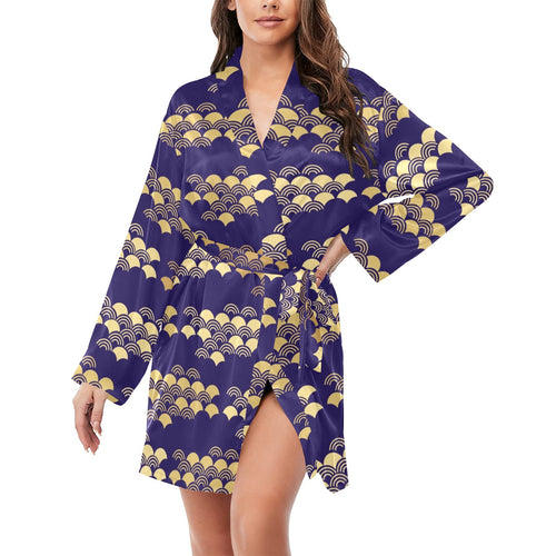Beautiful japanese fan pattern Women's Long Sleeve Belted Night Robe