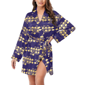 Beautiful japanese fan pattern Women's Long Sleeve Belted Night Robe