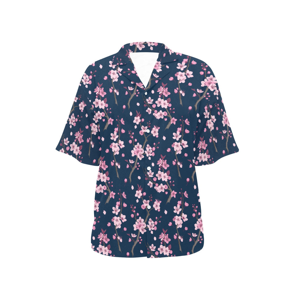 Pink sakura cherry blossom blue background Women's All Over Print Hawaiian Shirt