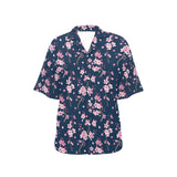 Pink sakura cherry blossom blue background Women's All Over Print Hawaiian Shirt