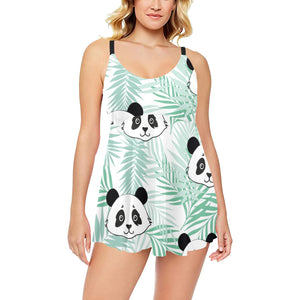Panda pattern tropical leaves background Chest Sexy Pleated Two Piece Swim Dress