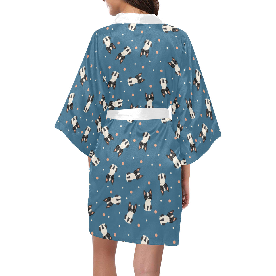 Cute boston terrier dog spattern Women's Short Kimono Robe