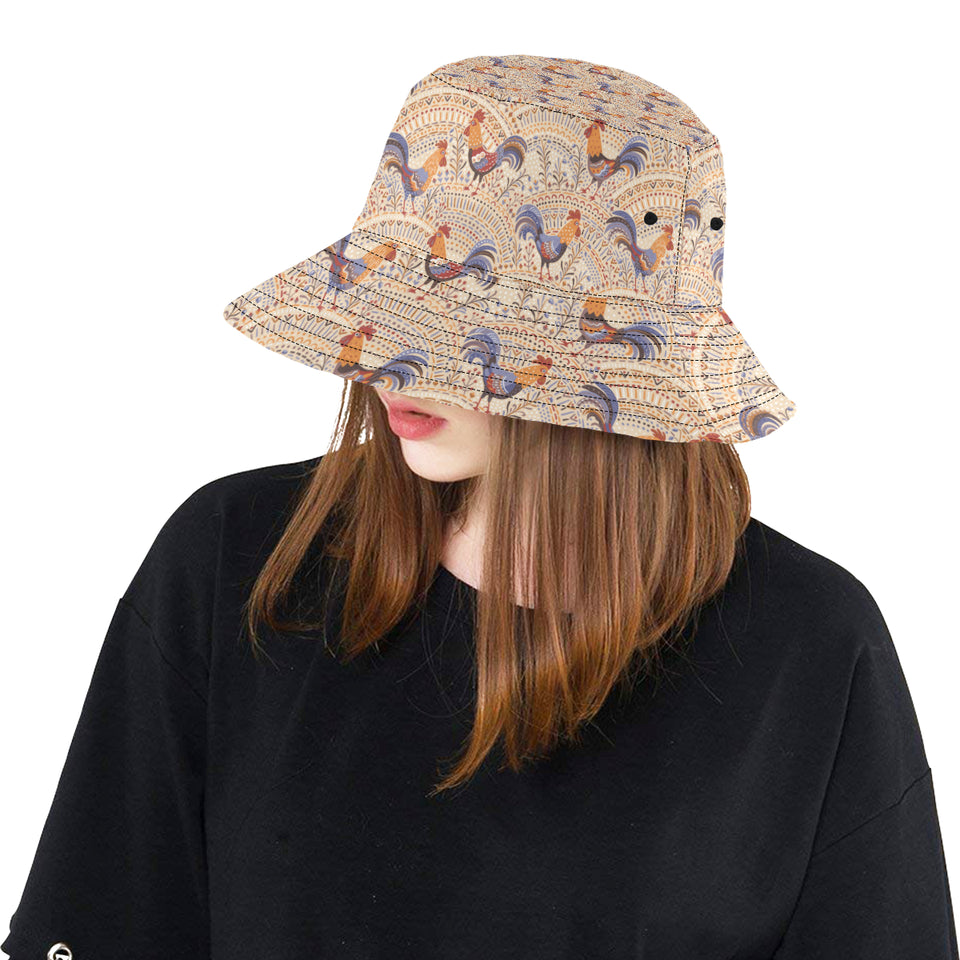 Cute rooster chicken cock floral ornament backgrou Unisex Bucket Hat