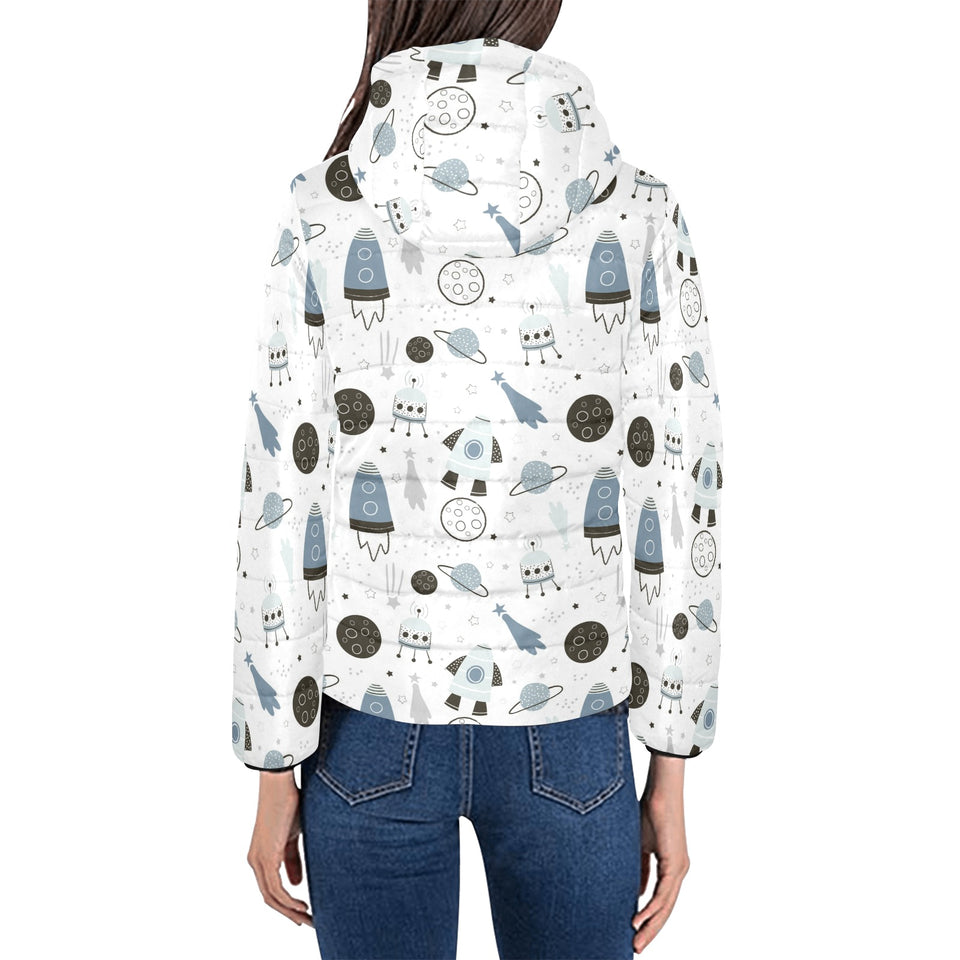 Hand drawn space elements space rocket star planet Women's Padded Hooded Jacket
