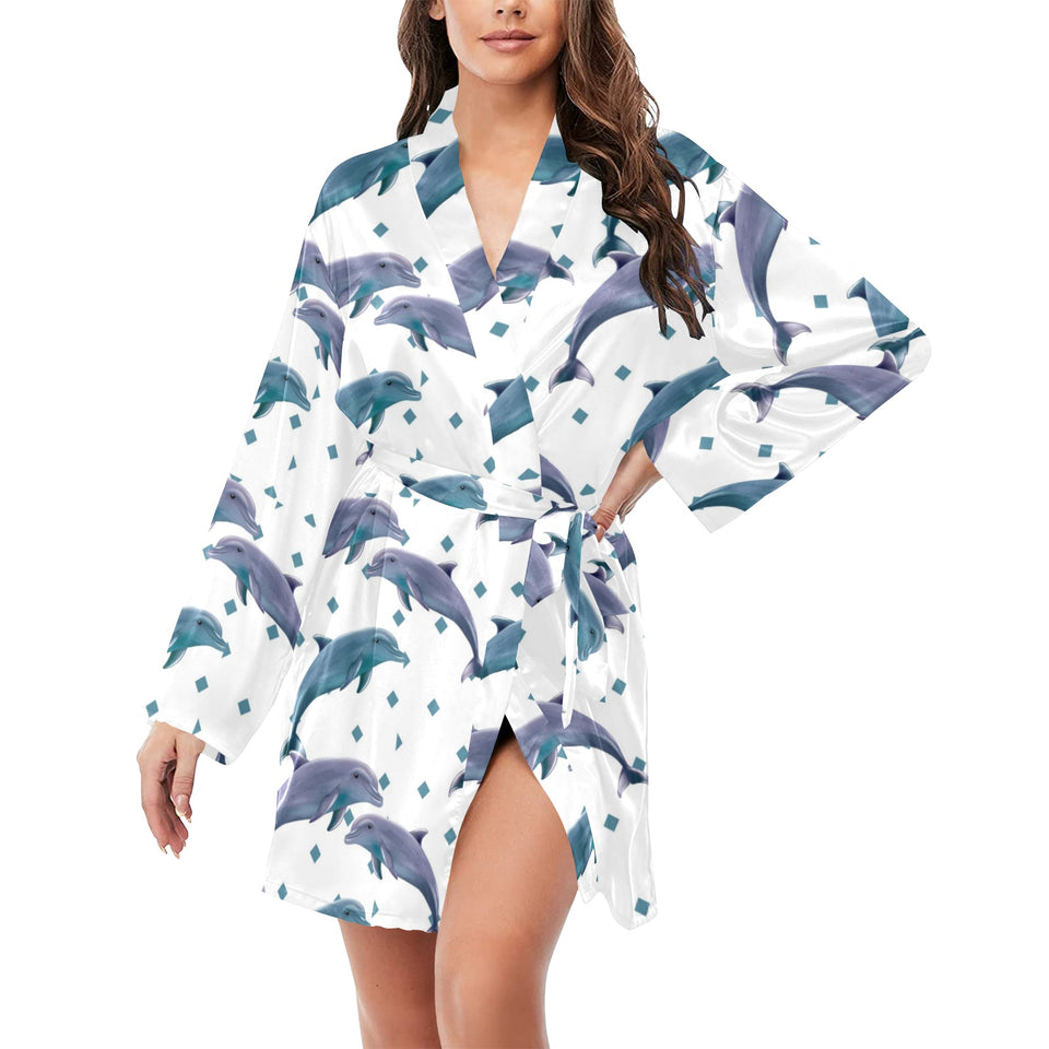 Dolphins pattern dotted background Women's Long Sleeve Belted Night Robe