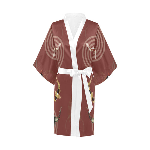 Fancy Carp red background Women's Short Kimono Robe