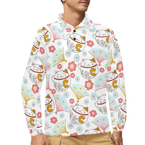 Maneki neko cat fan sakura Men's Long Sleeve Polo Shirt