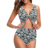 Sugar skull black white pattern Chest Bowknot High Waisted Bikini Swimsuit