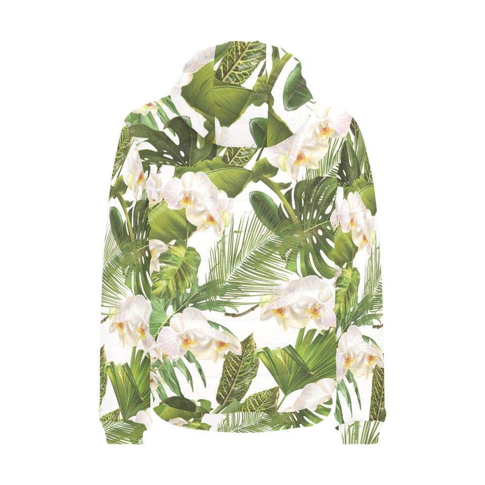 White orchid flower tropical leaves pattern Men's Padded Hooded Jacket