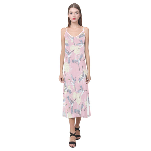 Japanese crane rose pattern V-Neck Open Fork Long Dress