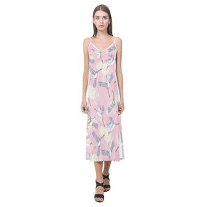 Japanese crane rose pattern V-Neck Open Fork Long Dress