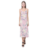 Japanese crane rose pattern V-Neck Open Fork Long Dress