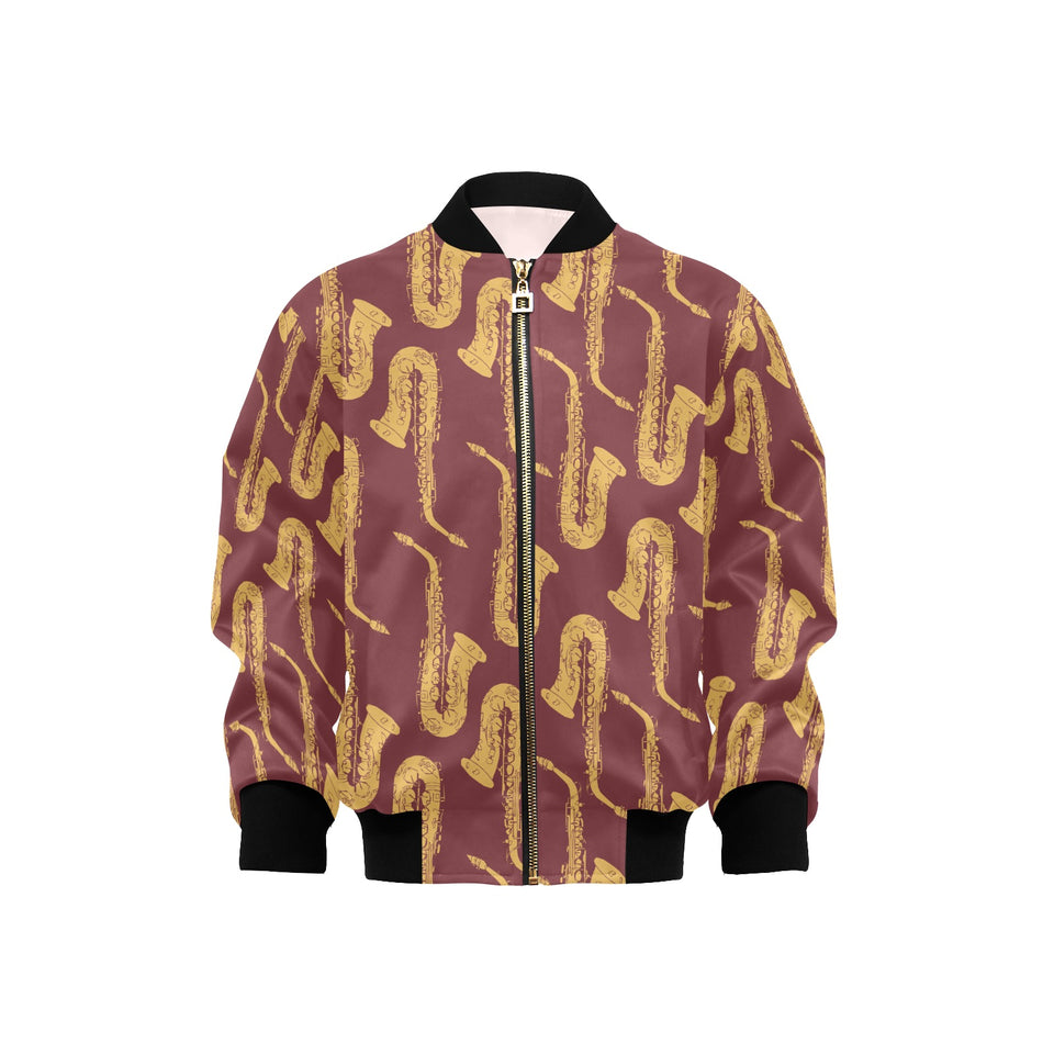 Hand drawn gold saxophone red background Kids' Boys' Girls' Bomber Jacket
