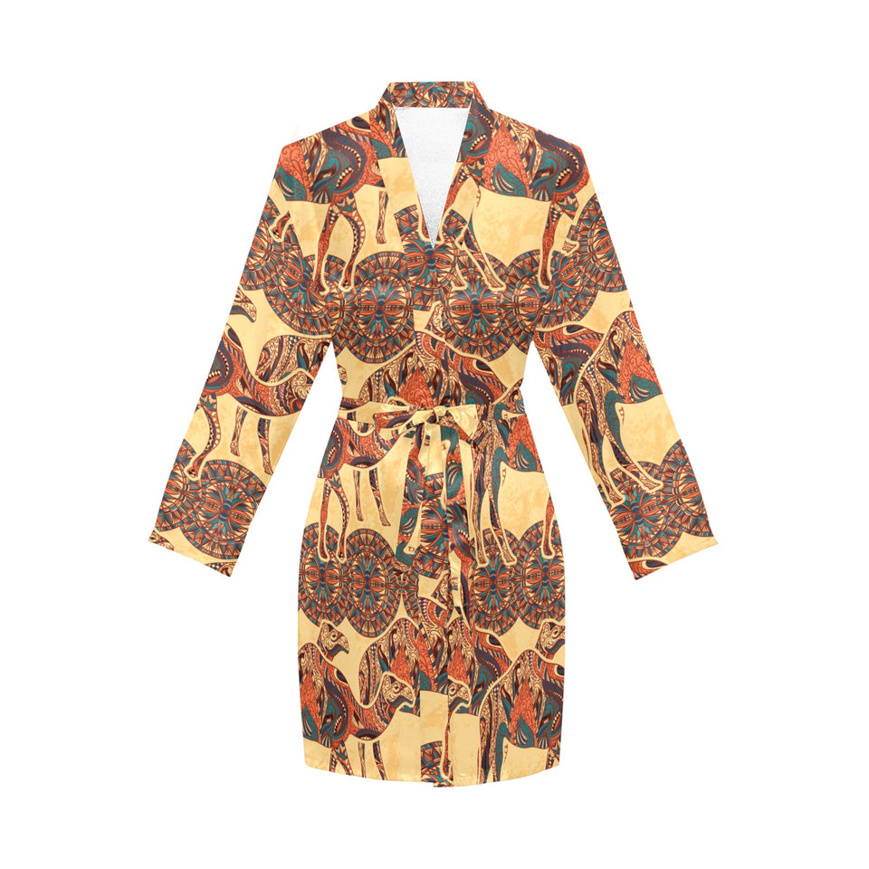 Camel polynesian tribal design pattern Women's Long Sleeve Belted Night Robe