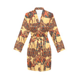 Camel polynesian tribal design pattern Women's Long Sleeve Belted Night Robe