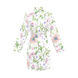 Beautiful pink lotus waterlily leaves pattern Women's Long Sleeve Belted Night Robe