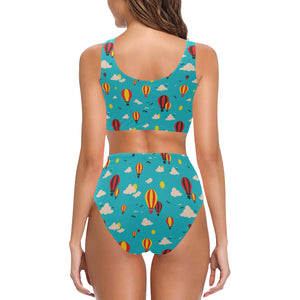 Hot Air Balloon Sky Pattern Chest Bowknot High Waisted Bikini Swimsuit