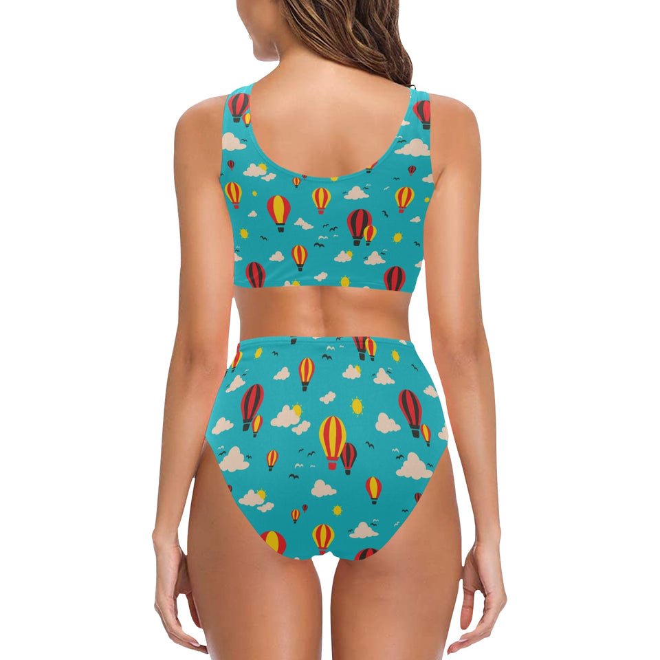 Hot Air Balloon Sky Pattern Chest Bowknot High Waisted Bikini Swimsuit