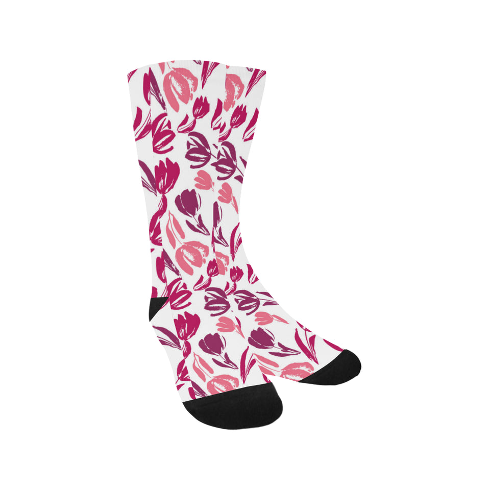 pink sketch tulip pattern Crew Socks