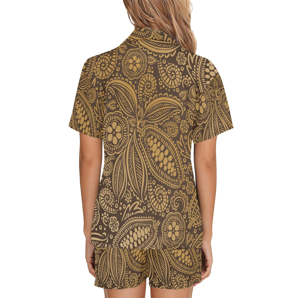 cacao beans tribal polynesian pattern background Women's V-Neck Short Pajama Set