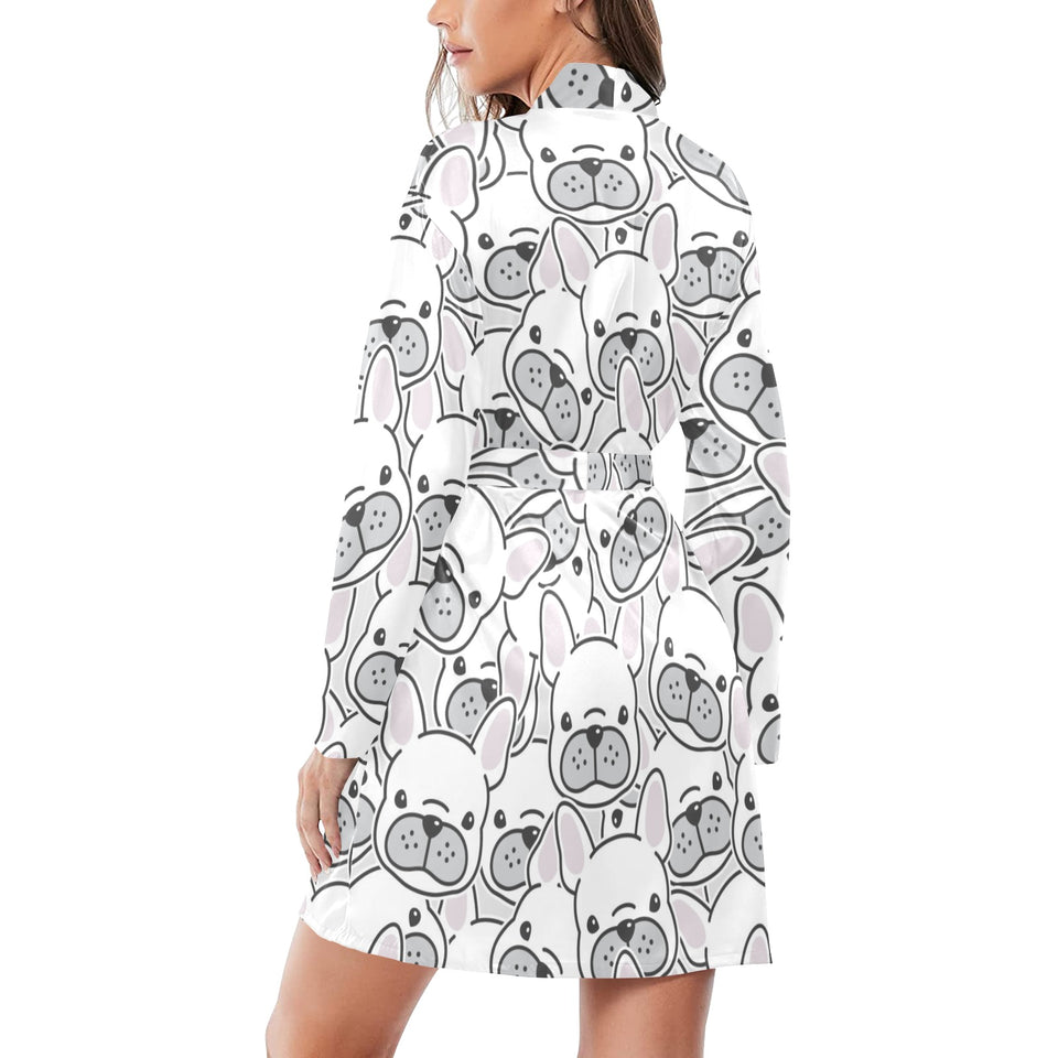 Cute french bulldog head pattern Women's Long Sleeve Belted Night Robe