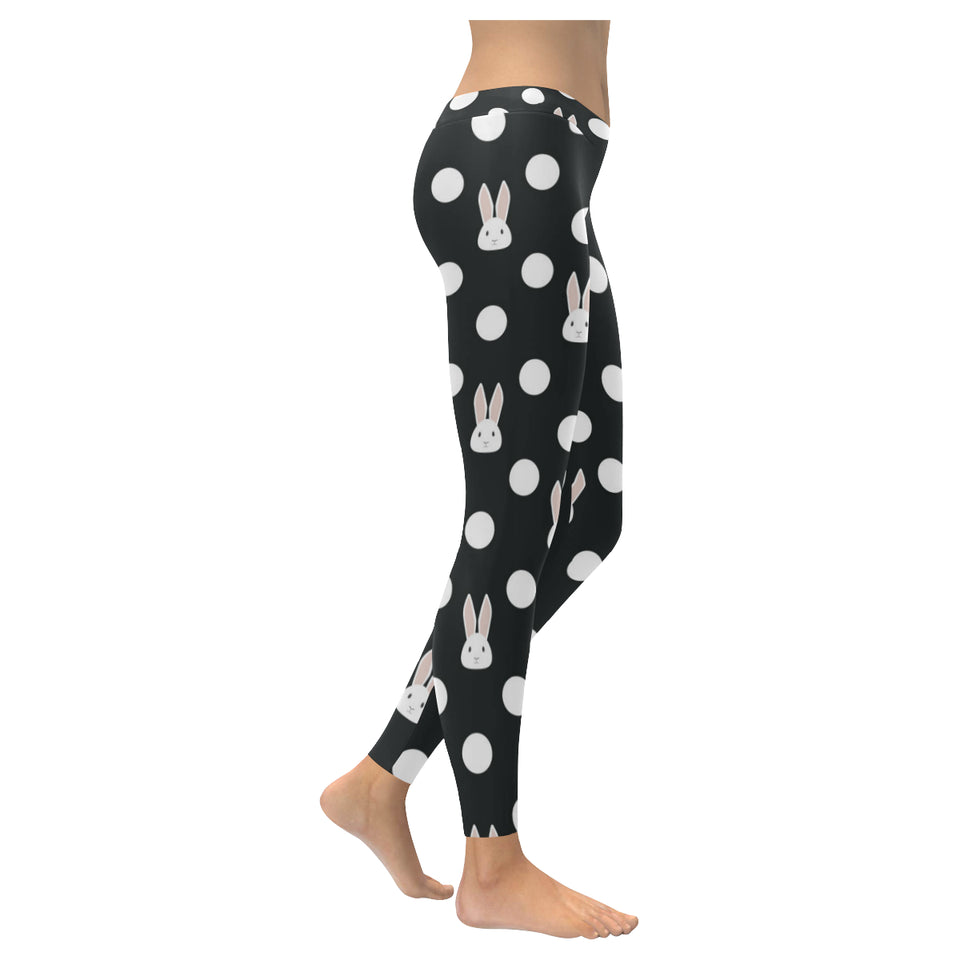 Cute white rabbit polka dots black background Women's Legging Fulfilled In US