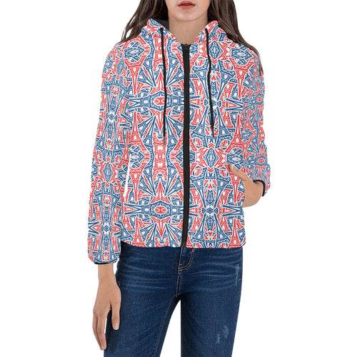 Blue Red Eiffel Tower Pattern Print Design 02 Women's Padded Hooded Jacket