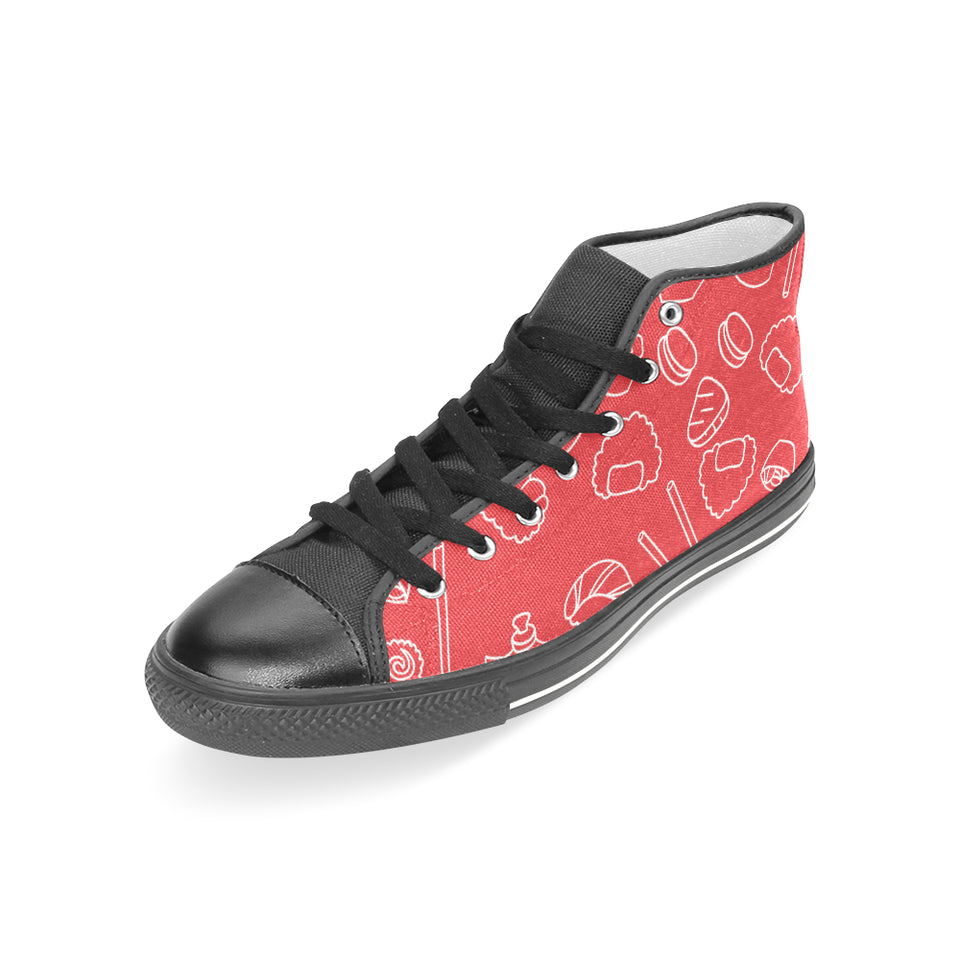 sushi pattern red background Women's High Top Canvas Shoes Black