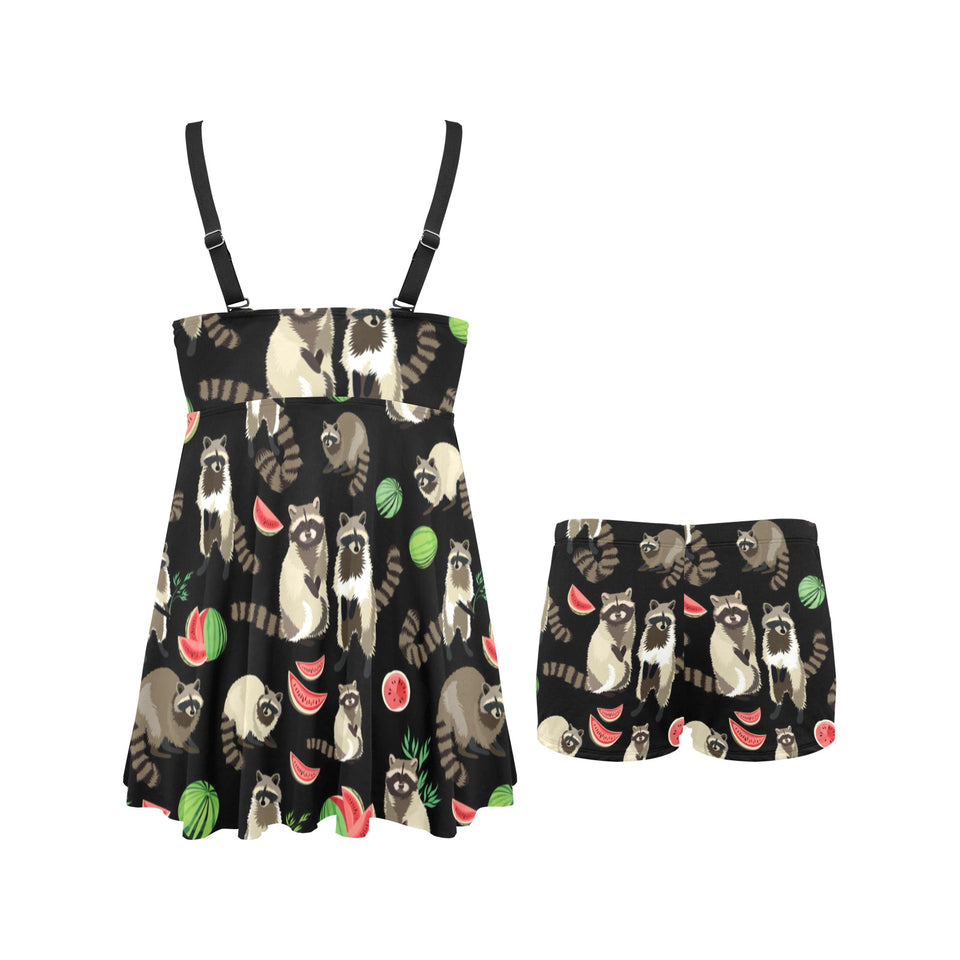 Raccoon watermelon pattern Chest Sexy Pleated Two Piece Swim Dress