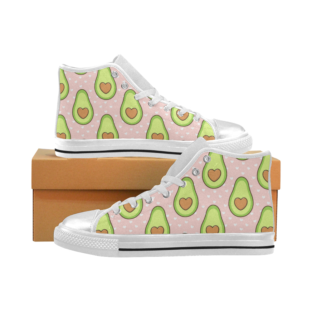 Avocado heart pink background Women's High Top Canvas Shoes White