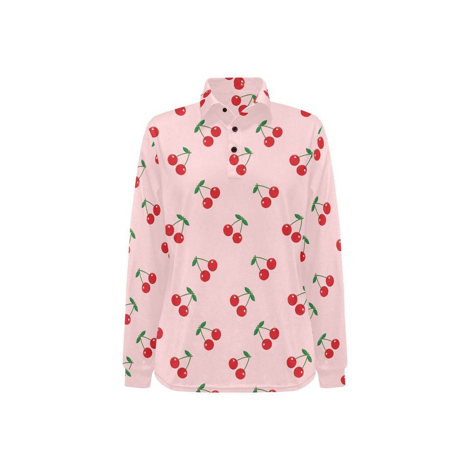 cherry pattern pink background Women's Long Sleeve Polo Shirt