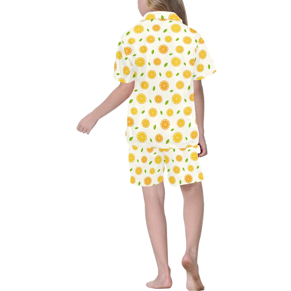 oranges leaves pattern Kids' Boys' Girls' V-Neck Short Pajama Set