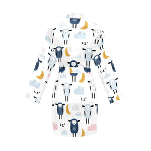 Cute sleeping sheep moon cloud pattern Women's Long Sleeve Belted Night Robe