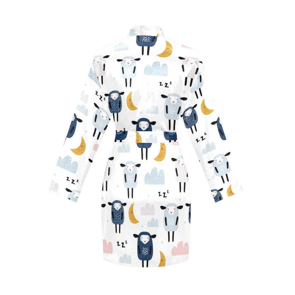 Cute sleeping sheep moon cloud pattern Women's Long Sleeve Belted Night Robe