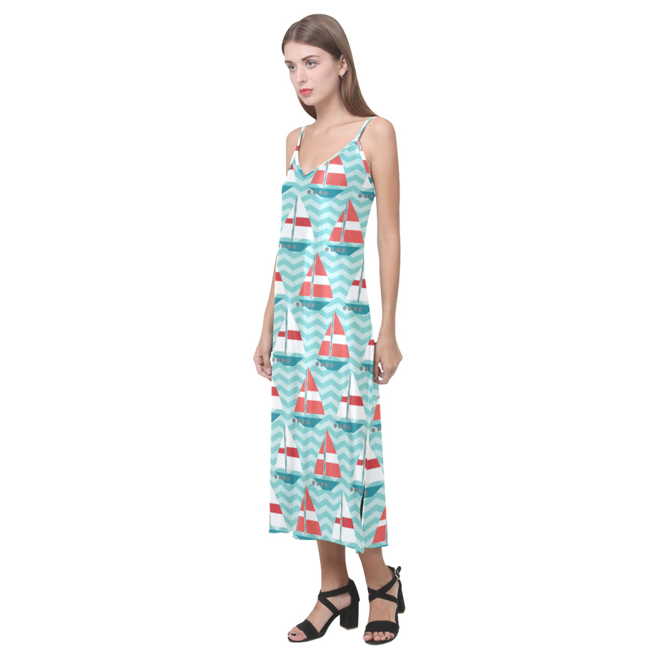 Red White sailboat wave background V-Neck Open Fork Long Dress