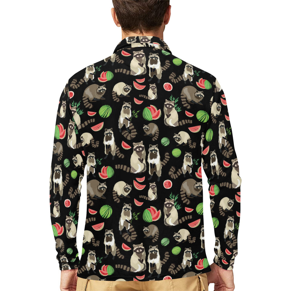 Raccoon watermelon pattern Men's Long Sleeve Polo Shirt