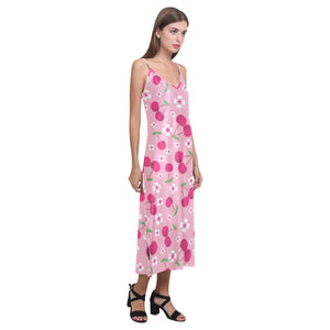 cherry flower pattern pink background V-Neck Open Fork Long Dress