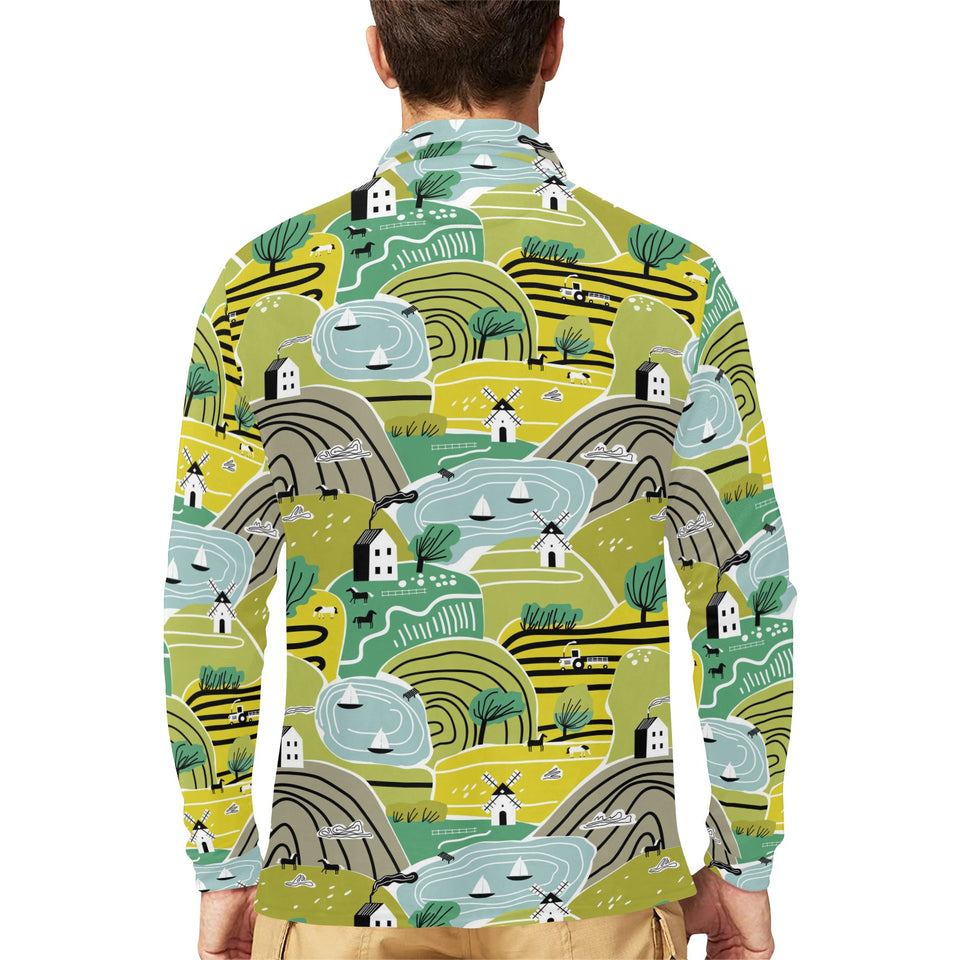 Hand drawn windmill pattern Men's Long Sleeve Polo Shirt