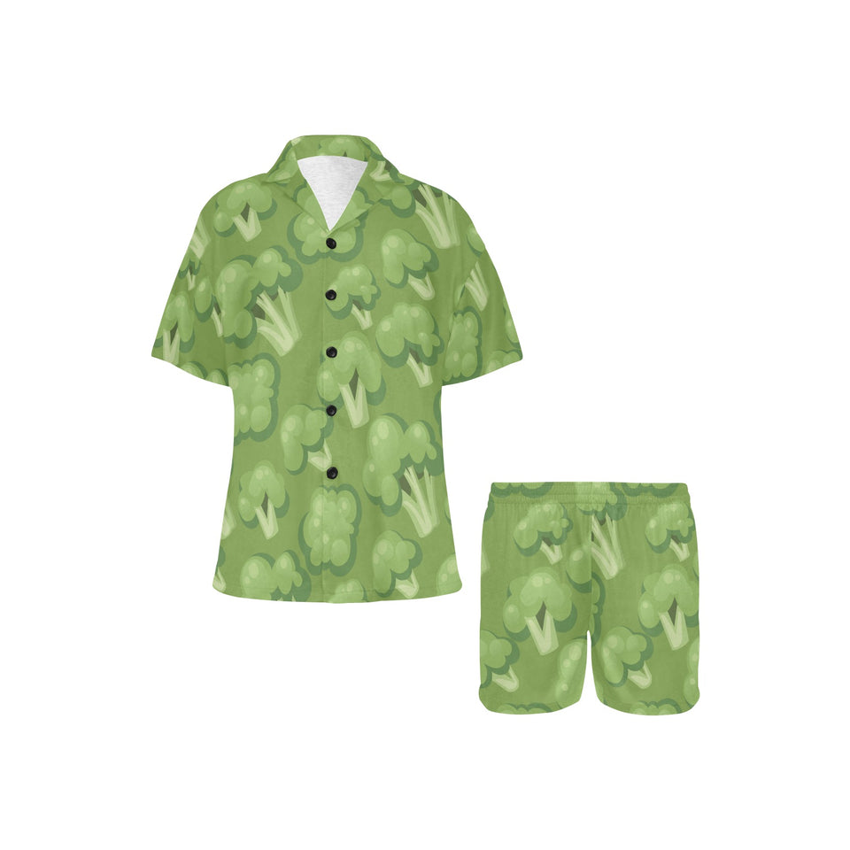 Broccoli pattern green background Women's V-Neck Short Pajama Set