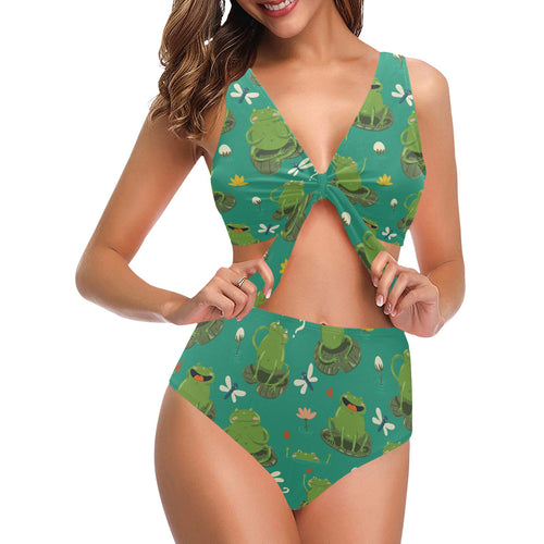 Cute frog dragonfly design pattern Chest Bowknot High Waisted Bikini Swimsuit