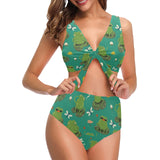 Cute frog dragonfly design pattern Chest Bowknot High Waisted Bikini Swimsuit